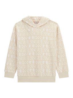 Guess - Girls Beige Typographic Print Hooded Long Sleeves Sweatshirt