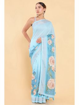 Soch - Women Blue Linen Printed Saree with Stitched Blouse