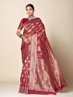 Nyri - Women's Maroon Colour Linen Cotton Silk Weaving Saree & Unstitched Blouse