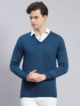 Monte Carlo - Peacock Solid V Neck Sweater