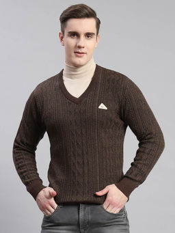 Monte Carlo - Dk Brown Multi Self Design V Neck Sweater