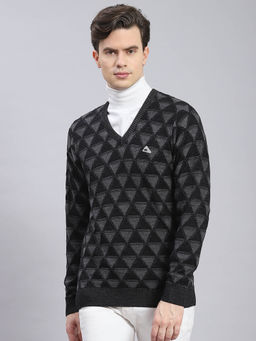 Monte Carlo - Black Self Design V Neck Sweater