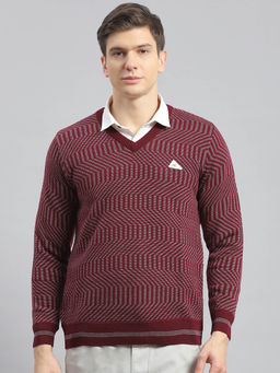 Monte Carlo - Maroon Self Design V Neck Pullover