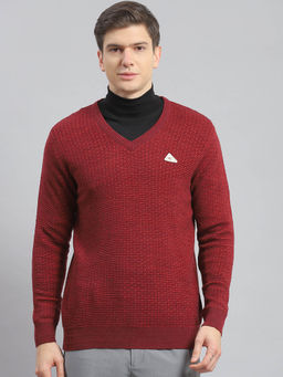 Monte Carlo - Maroon Mix Self Design V Neck Pullover