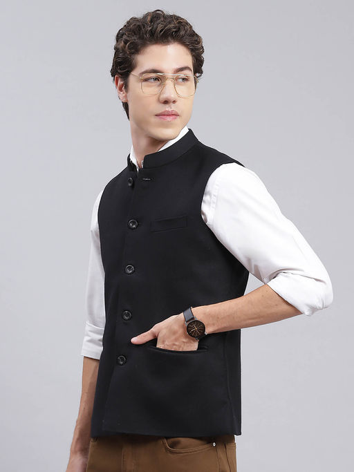 Buy Monte Carlo Black Solid Mandarin Nehru Jacket Online
