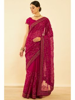 Soch - Womens Maroon Chiffon Embroidered Saree with Unstitched Blouse