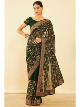 Soch - Womens Green Chiffon Embroidered Saree with Unstitched Blouse
