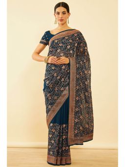 Soch - Womens Blue Chiffon Embroidered Saree with Unstitched Blouse