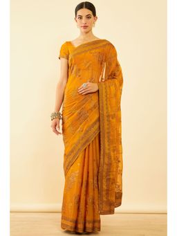 Soch - Womens Mustard Chiffon Embroidered Saree with Unstitched Blouse