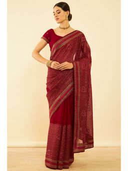 Soch - Womens Maroon Chiffon Embroidered Saree with Unstitched Blouse