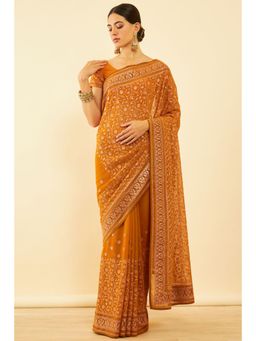 Soch - Womens Mustard Chiffon Embroidered Saree with Unstitched Blouse