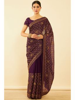 Soch - Womens Wine Chiffon Embroidered Saree with Unstitched Blouse