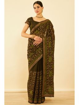 Soch - Womens Olive Chiffon Embroidered Saree with Unstitched Blouse