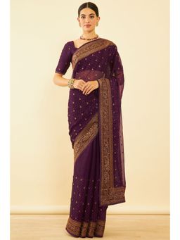 Soch - Womens Wine Chiffon Embroidered Saree with Unstitched Blouse