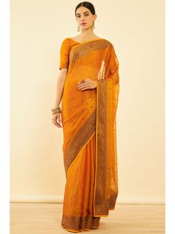 Soch - Womens Mustard Chiffon Embroidered Saree with Unstitched Blouse