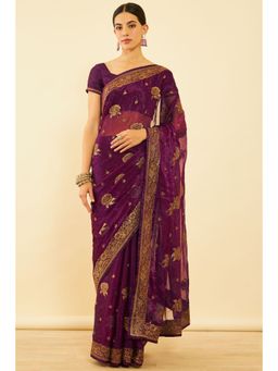 Soch - Womens Wine Chiffon Embroidered Saree with Unstitched Blouse