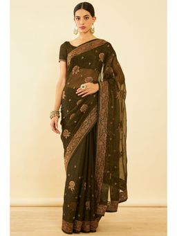 Soch - Womens Green Chiffon Embroidered Saree with Unstitched Blouse