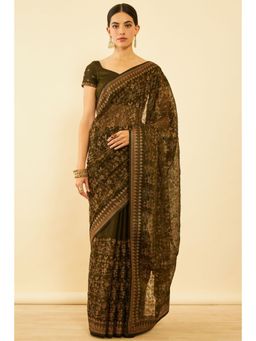 Soch - Womens Green Chiffon Embroidered Saree with Unstitched Blouse