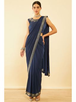 Soch - Womens Blue Spandex Embellished Ready To Wear Saree with Stitched Blouse