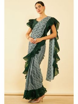 Soch - Womens Green Crepe Printed Ready To Wear Saree with Stitched Blouse
