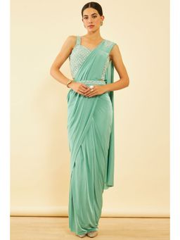Soch - Womens Green Spandex Ready To Wear Saree with Belt & Stitched Blouse (Set of 3)