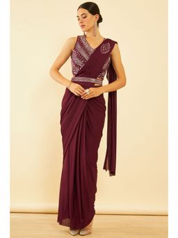 Soch - Womens Wine Spandex Ready To Wear Saree with Belt & Stitched Blouse (Set of 3)
