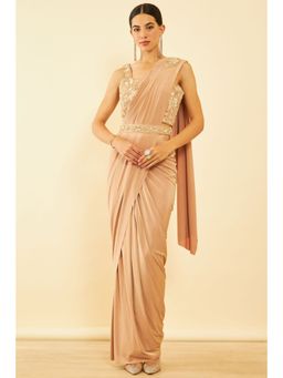 Soch - Womens Beige Spandex Ready To Wear Saree with Belt & Stitched Blouse (Set of 3)