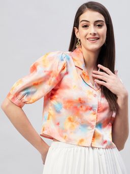Marie Claire - Women Casual Multi-Color Floral Shirt Style Crop Top