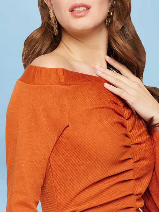 rust orange bodycon dress Rust Casual Dress - Balloon Sleeve Mini Dress - Bodycon Dress
