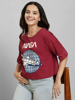 Free Authority - Nasa Graphic Printed Maroon T-Shirt For Women