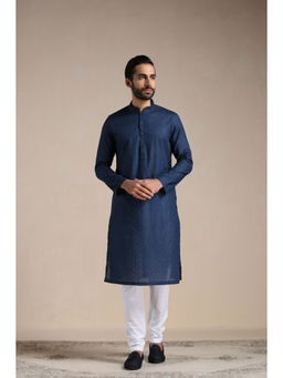 Manyavar - Blue Cotton All Over Self Design Kurta with Pencil Pajama (Set of 2)