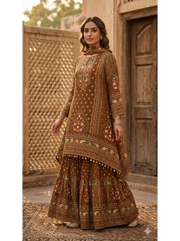 PIRRA DESIGN - Women's Coffee Natural Crape A-Line Kurta with Sharara & Dupatta