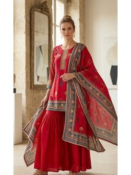 PIRRA DESIGN - Women's Rani Pink Printed Kurti with Sharara & Dupatta