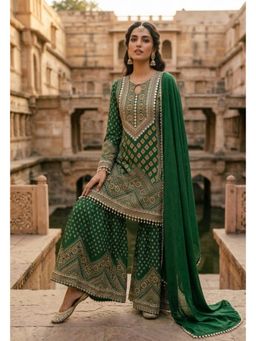 PIRRA DESIGN - Women's Green Natural Crape A-Line Kurta with Sharara & Dupatta