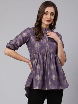 Jaipur Kurti - Purple Woven Silk Blend Gold Printed Peplum Hip-Low Tunic