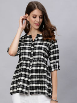 Jaipur Kurti - Black & White Checks Cotton Gathered Shirt Tunic