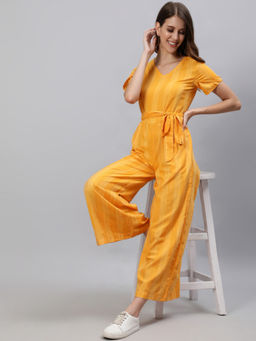 Jaipur Kurti - Yellow Stripes Cotton Casual Jumpsuit with Belt