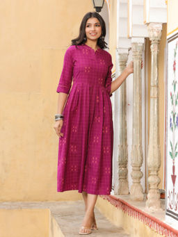 Jaipur Kurti - Purple Checkered Flared Cotton Dress