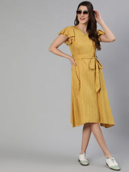 Jaipur Kurti - Yellow Self Weave Rayon Flared Dress With Belt (Set of 2)