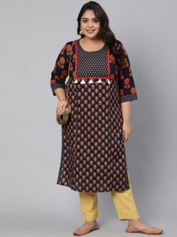 Jaipur Kurti - Navy Blue Plus Size Ethnic Printed Straight Cotton Tassels Kurta