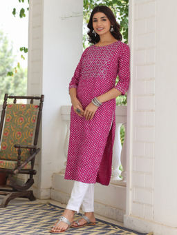 Jaipur Kurti - Magenta Khadi Printed Straight Embroidered Kurta