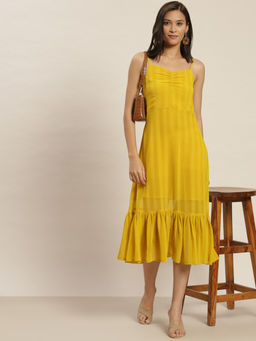 Jaipur Kurti - Yellow Chiffon Flared Strap Font Gathers Dress