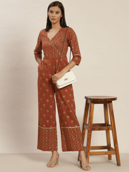 Jaipur Kurti - Rust Ethnic Gold Printed Angrakha Style Cotton Jumpsuit