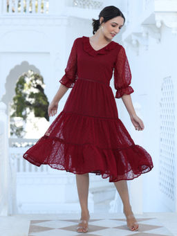 Jaipur Kurti - Maroon Dobby Self Weave Georgette Tiered Dress