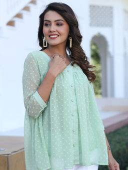 Jaipur Kurti - Green Self Design Chiffon Dobby Gathered Top
