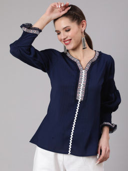Jaipur Kurti - Navy Blue Silk Lace Embellished Top
