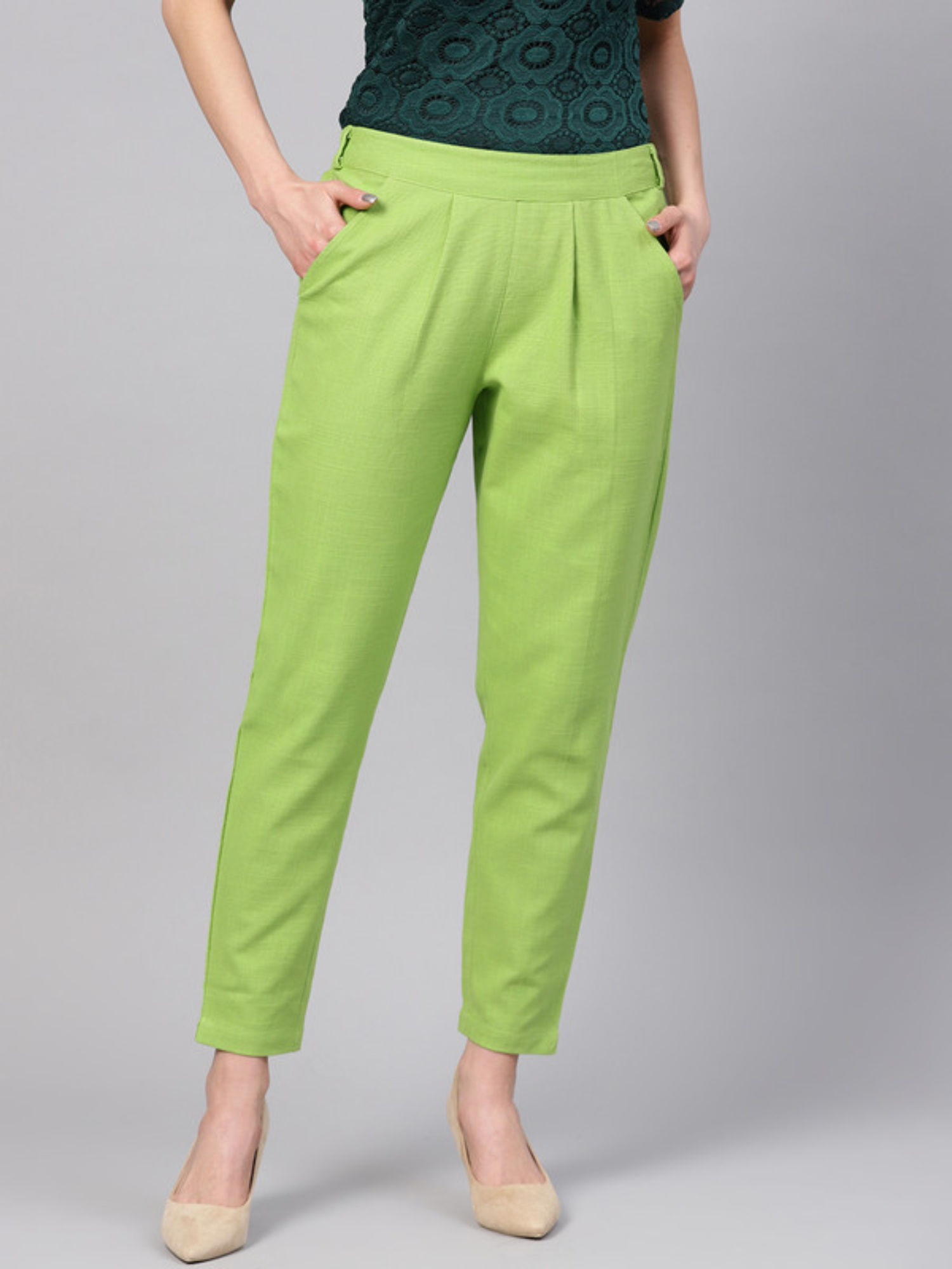 jaipur kurti Parrot Green Solid Cotton Slub Straight Pant-picture-27
