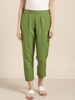 Jaipur Kurti - Olive Cotton Slub Bottom-Fold Straight Pant