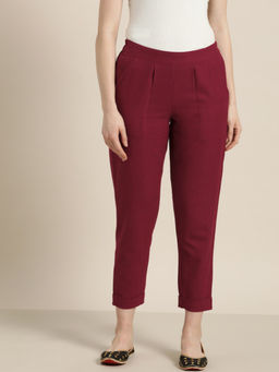 Jaipur Kurti - Maroon Cotton Slub Bottom-Fold Straight Pant
