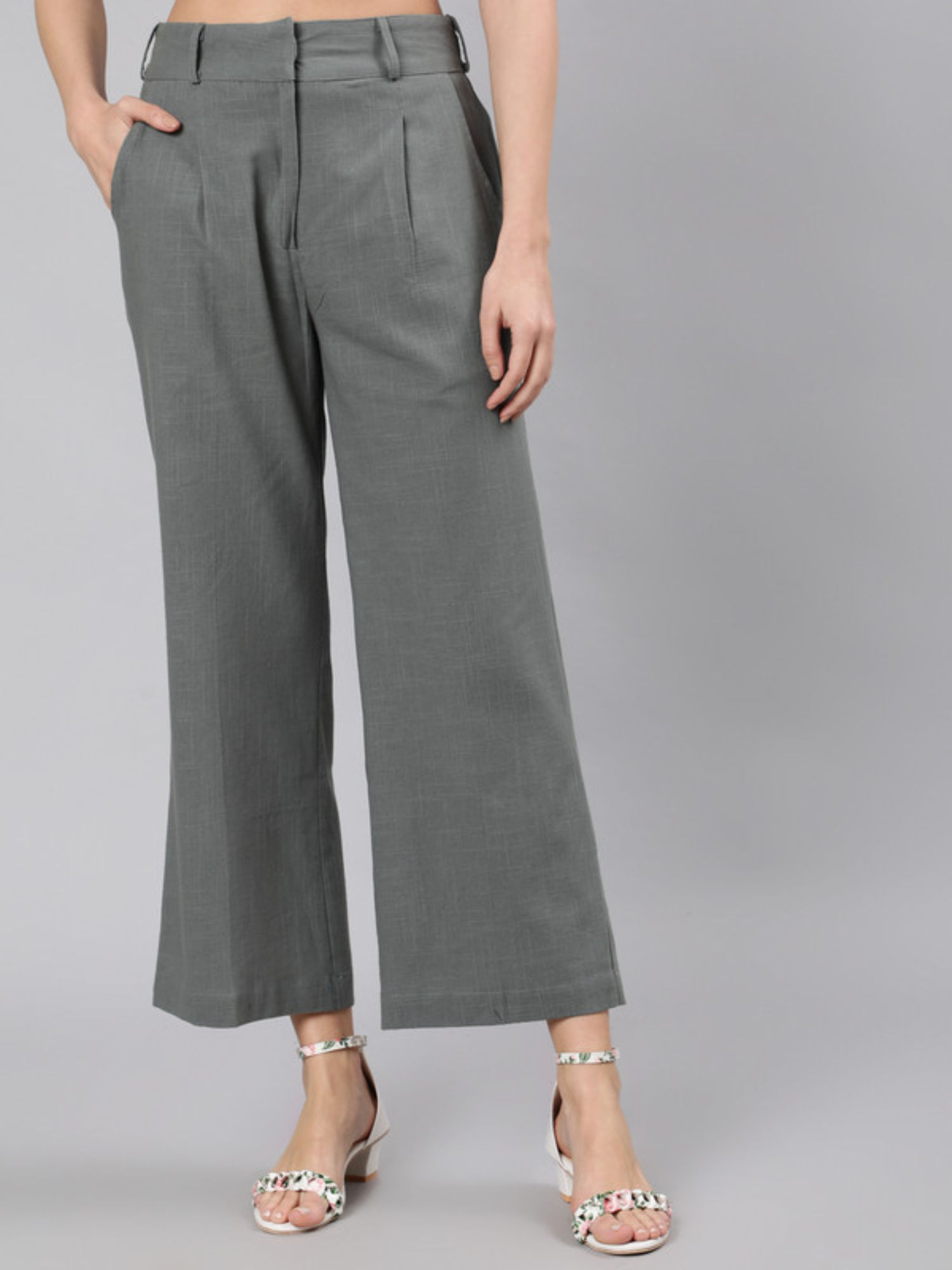 jaipur kurti Grey Cotton Slub Flared High Rise Parallel Pant-picture-36